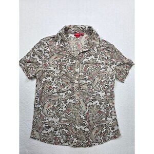 Esprit Womens Paisley Print Button-Up Ruched Front Short Sleeve Shirt Size L Y2K